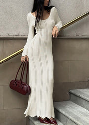 Slim Fit White V Neck Hollow Out Knit Long Dress Spring