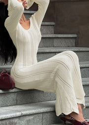 Slim Fit White V Neck Hollow Out Knit Long Dress Spring