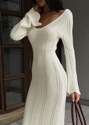 Slim Fit White V Neck Hollow Out Knit Long Dress Spring