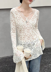 Slim Fit White V Neck Hollow Out Lace Top Flare Sleeve
