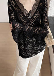Slim Fit White V Neck Hollow Out Lace Top Flare Sleeve