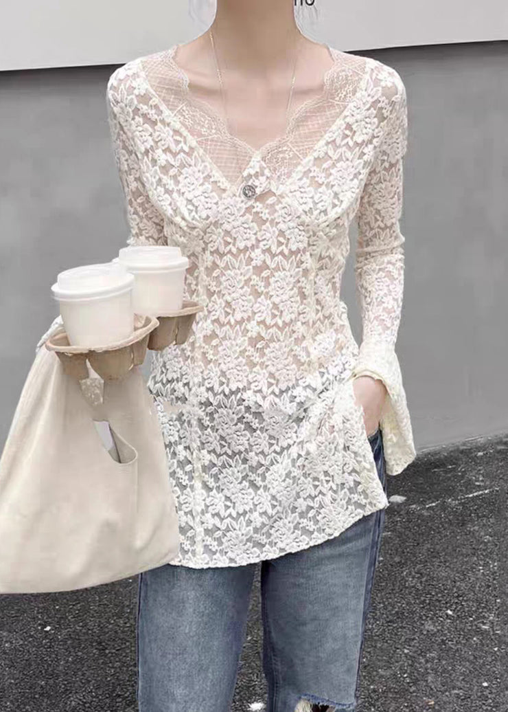 Slim Fit White V Neck Hollow Out Lace Top Flare Sleeve
