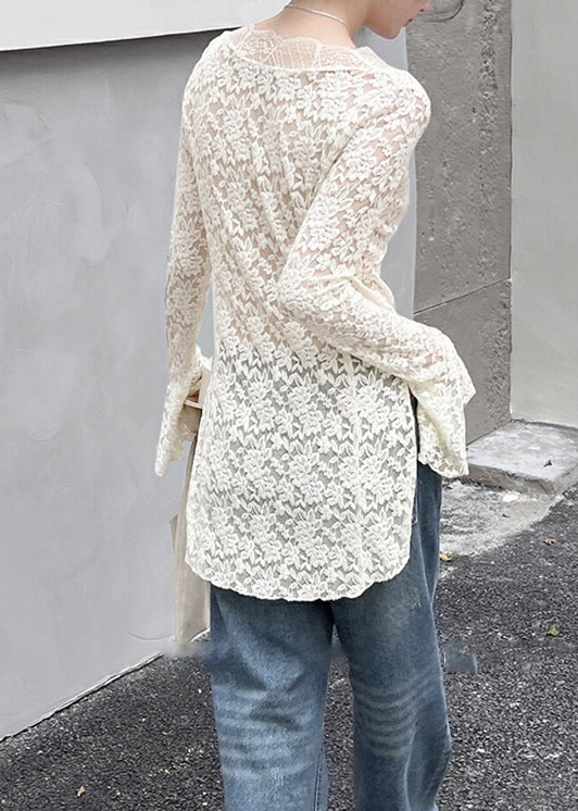Slim Fit White V Neck Hollow Out Lace Top Flare Sleeve