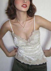 Slim Fit White V Neck Lace Patchwork Silk Velour Spaghetti Strap Tank Sleeveless