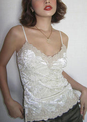 Slim Fit White V Neck Lace Patchwork Silk Velour Spaghetti Strap Tank Sleeveless