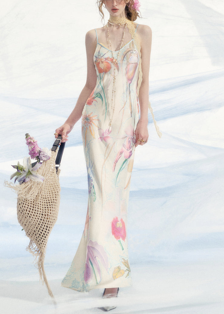 Slim Fit White V Neck Print Silk Spaghetti Strap Dress Sleeveless
