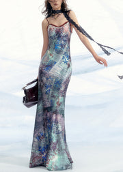 Slim Fit White V Neck Print Silk Spaghetti Strap Dress Sleeveless