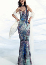 Slim Fit White V Neck Print Silk Spaghetti Strap Dress Sleeveless