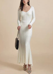 Slim Fit White V Neck Solid Knit Long Dress Fall