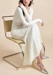 Slim Fit White V Neck Solid Knit Long Dress Fall