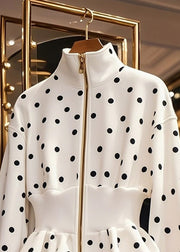 Slim Fit White Zip Up Dot Cotton Coats Fall