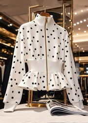 Slim Fit White Zip Up Dot Cotton Coats Fall