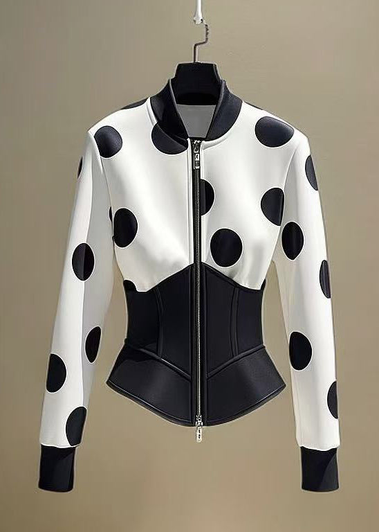 Slim Fit White Zip Up Dot Patchwork Cotton Coats Fall