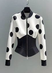 Slim Fit White Zip Up Dot Patchwork Cotton Coats Fall
