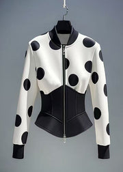 Slim Fit White Zip Up Dot Patchwork Cotton Coats Fall