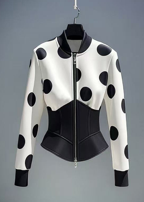 Slim Fit White Zip Up Dot Patchwork Cotton Coats Fall
