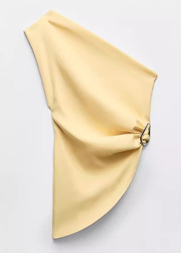 Slim Fit Yellow Asymmetrical Cold Shoulder Solid Cotton Vest Sleeveless
