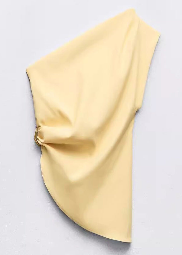 Slim Fit Yellow Asymmetrical Cold Shoulder Solid Cotton Vest Sleeveless