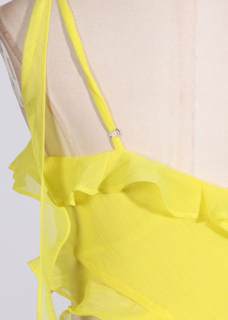 Slim Fit Yellow Asymmetrical Ruffled Hollow Out Long Dresses Sleeveless