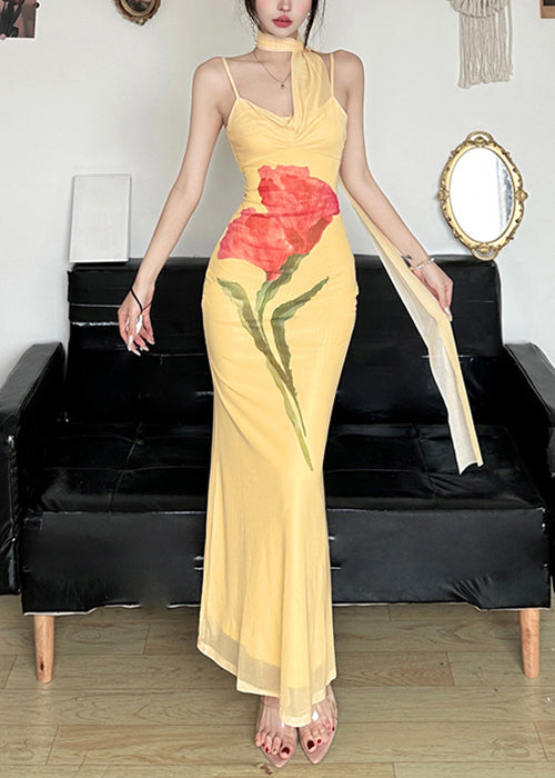 Slim Fit Yellow Bow Print Tulle Spaghetti Strap Dress Sleeveless