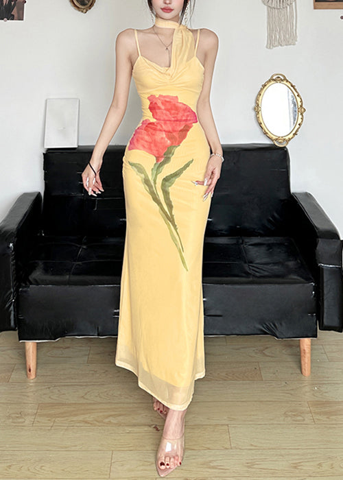 Slim Fit Yellow Bow Print Tulle Spaghetti Strap Dress Sleeveless