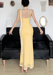 Slim Fit Yellow Bow Print Tulle Spaghetti Strap Dress Sleeveless