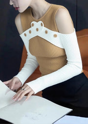 Slim Fit Yellow Cold Shoulder Patchwork Knit Sweaters Fall