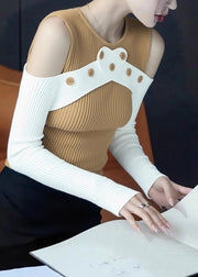 Slim Fit Yellow Cold Shoulder Patchwork Knit Sweaters Fall