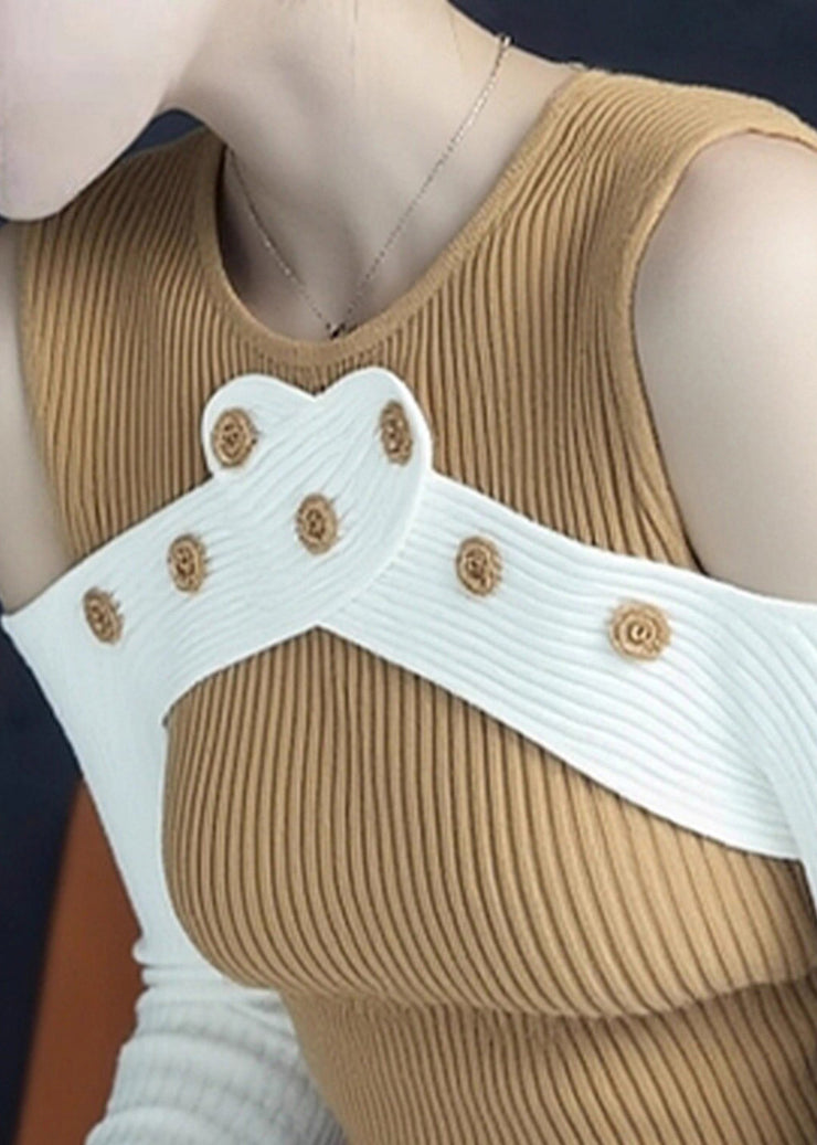 Slim Fit Yellow Cold Shoulder Patchwork Knit Sweaters Fall