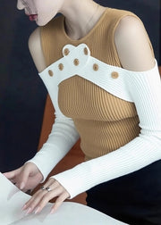 Slim Fit Yellow Cold Shoulder Patchwork Knit Sweaters Fall