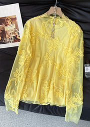 Slim Fit Yellow Embroidered Solid Tulle T Shirt Fall