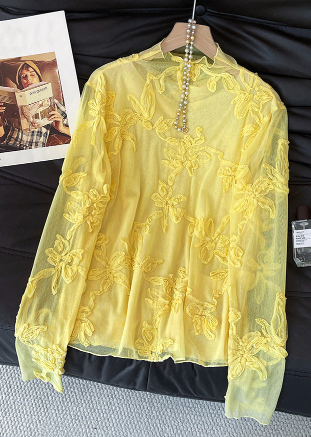 Slim Fit Yellow Embroidered Solid Tulle T Shirt Fall