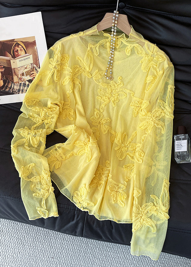 Slim Fit Yellow Embroidered Solid Tulle T Shirt Fall