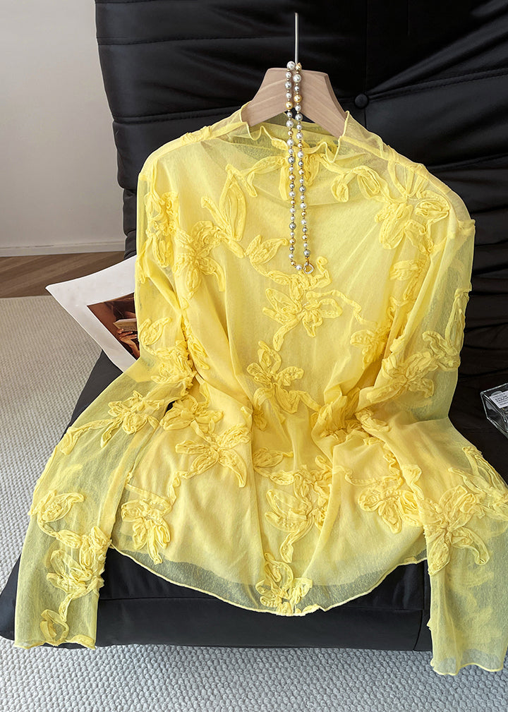 Slim Fit Yellow Embroidered Solid Tulle T Shirt Fall