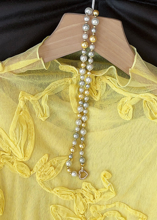 Slim Fit Yellow Embroidered Solid Tulle T Shirt Fall