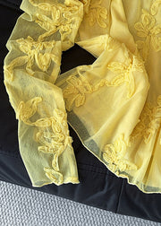 Slim Fit Yellow Embroidered Solid Tulle T Shirt Fall