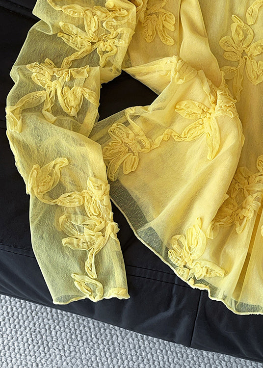 Slim Fit Yellow Embroidered Solid Tulle T Shirt Fall