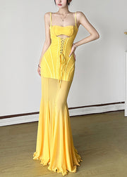 Slim Fit Yellow Lace Up High Waist Tulle Spaghetti Strap Dress Dress Sleeveless
