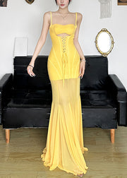 Slim Fit Yellow Lace Up High Waist Tulle Spaghetti Strap Dress Dress Sleeveless