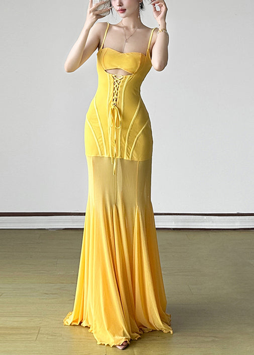 Slim Fit Yellow Lace Up High Waist Tulle Spaghetti Strap Dress Dress Sleeveless