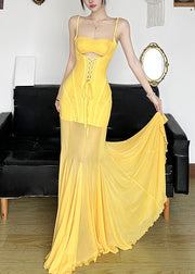 Slim Fit Yellow Lace Up High Waist Tulle Spaghetti Strap Dress Dress Sleeveless