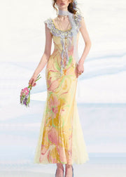 Slim Fit Yellow Ruffled Print Patchwork Tulle Long Dress Sleeveless