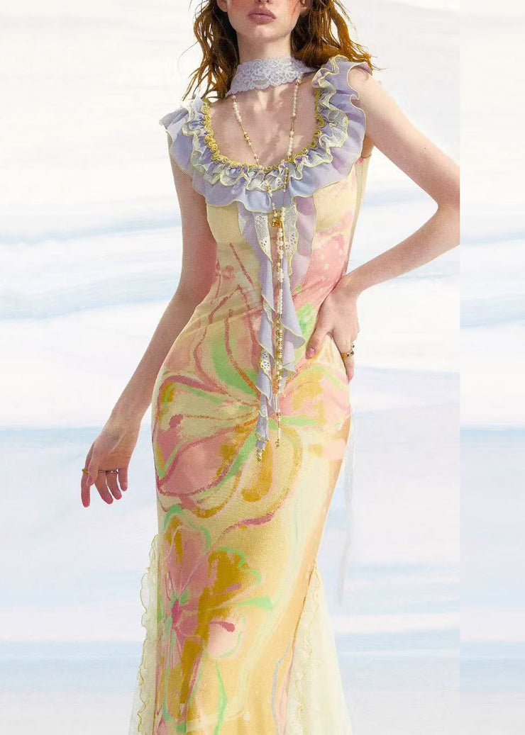 Slim Fit Yellow Ruffled Print Patchwork Tulle Long Dress Sleeveless