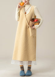 Slim Fit Yellow U Neck Back Side Open Lace Patchwork Woolen Two Pieces Set Fall