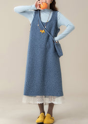 Slim Fit Yellow U Neck Back Side Open Lace Patchwork Woolen Two Pieces Set Fall