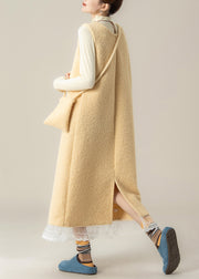 Slim Fit Yellow U Neck Back Side Open Lace Patchwork Woolen Two Pieces Set Fall