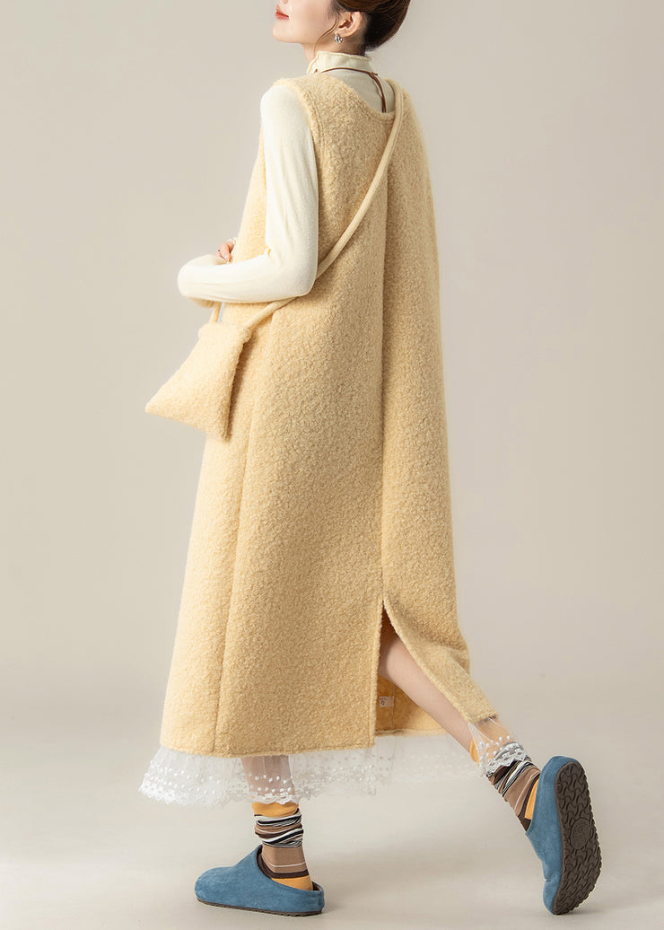 Slim Fit Yellow U Neck Back Side Open Lace Patchwork Woolen Two Pieces Set Fall