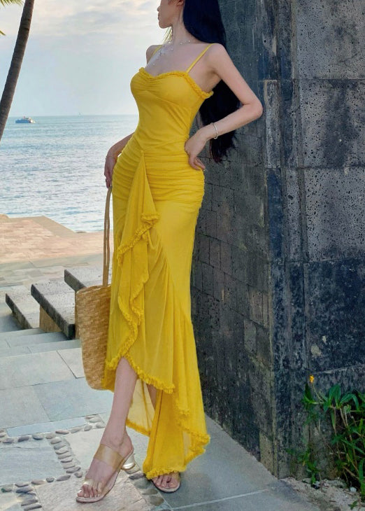 Slim Fit Yellow Wrinkled Low High Design Cotton Spaghetti Strap Dress Sleeveless