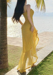 Slim Fit Yellow Wrinkled Low High Design Cotton Spaghetti Strap Dress Sleeveless