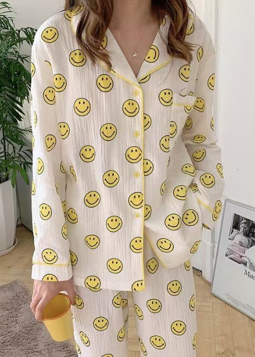 Smile Print Cotton Pajama Sets Notched Long Sleeve